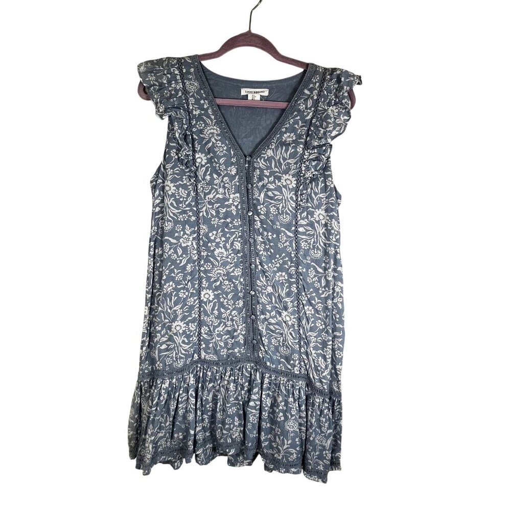 Lucky Brand Floral Crochet Tiered Mini Dress Blue S Boho Preppy Coastal Classic